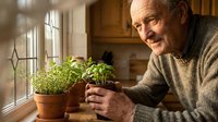 Senior Caucasian man smiling while tending to herb plants on kitchen windowsill. Indoor gardening, healthy lifestyle, retirement activities concept.