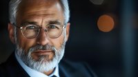 Distinguished senior businessman with gray beard and glasses smiling confidently in professional corporate environment with warm bokeh lighting effects.