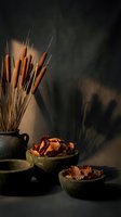 Rustic autumn still life with dried cattails in ceramic vase and fallen leaves in wooden bowls on dark moody background for seasonal home decor.