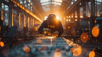 Industrial welder working with metal in factory workshop with bright orange sparks and bokeh effects, dramatic lighting creates atmospheric manufacturing scene.