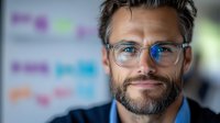 Confident mature Caucasian businessman wearing glasses smiles at camera, with blurred sticky notes background showing workplace environment. Professional portrait.