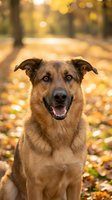 Happy mixed breed dog portrait in autumn park with golden bokeh background and fallen leaves creating warm seasonal atmosphere for pet photography.