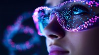 Futuristic close up portrait with glowing neon pink and blue sparkles around eyes and face, creating magical cosmic makeup effect against dark background.