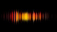 Vibrant sound wave visualization in red, orange and yellow gradient colors on black background, digital audio spectrum display for music and voice recording.