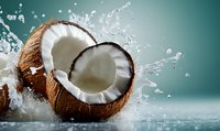 Fresh coconut halves with splashing milk and water drops against turquoise background, dynamic food photography composition with freeze motion effect.