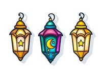 Colorful Arabic lanterns with star and moon decorations on isolated white background, traditional Ramadan and Islamic holiday symbols for design projects.