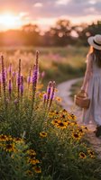 Woman in white dress and hat walking through lavender flower garden at golden hour sunset with warm bokeh lighting and peaceful countryside atmosphere.