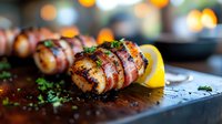 Bacon-wrapped scallops with fresh herbs and lemon on wooden serving board, showcasing gourmet seafood appetizer with golden sear marks and vibrant garnish.