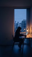 Young Asian woman working late on laptop at desk by window overlooking illuminated city skyline during blue hour evening for remote work and productivity.