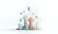 Upward trending arrows in soft pastel colors with scattered dots and particles on white background, symbolizing growth, progress and success in business.
