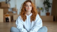 Young woman with red curly hair wearing white hoodie and jeans sitting cross-legged on wooden floor. Moving boxes and houseplants in blurred background create cozy home atmosphere.