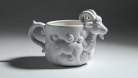 White ceramic dragon-shaped teacup with ornate sculptural details and decorative handle on gradient background for kitchen and dining concepts.