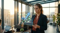 A professional woman in business attire presents data analytics on a digital tablet in a modern office with floor-to-ceiling windows overlooking the city skyline during golden hour, suitable for corporate, technology, and business presentations.
