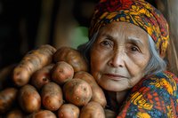 Elderly Asian woman vendor in colorful traditional headscarf smiling while displaying fresh harvested potatoes at local market, authentic cultural portrait.