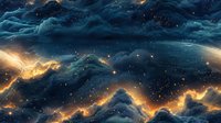 Mystical cosmic landscape with glowing golden energy streams flowing through dark blue nebula clouds, perfect for science fiction backgrounds and space themes.