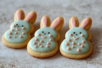 Homemade Easter bunny sugar cookies decorated with mint green icing and pink polka dots arranged on textured surface, festive spring holiday baking.