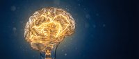 Glowing golden brain with electric neural networks and sparkling particles on dark blue background for artificial intelligence and neuroscience concepts.