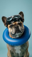 Fawn and white French Bulldog wearing swimming goggles and blue inflatable ring against light blue background, ready for summer pool activities.