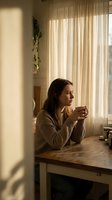Young Caucasian woman in cozy sweater holding coffee mug at wooden table, gazing out window in warm morning sunlight at home.