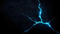 Glowing blue lightning cracks on dark background, abstract pattern of illuminated fractures spreading across black surface creates dramatic effect.