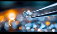 Sparkling blue diamond held by tweezers against blurred bokeh background with orange and blue lights creating luxury jewelry atmosphere.