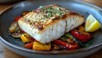 Grilled white fish fillet with herbs served on dark plate with colorful roasted vegetables and lemon wedge for gourmet dining and healthy cooking.