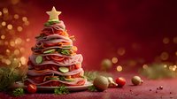 Festive food Christmas tree made from stacked salami, cheese, and herbs with star on top, surrounded by holiday ornaments on red background with bokeh lights.