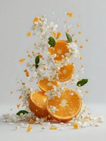 Fresh orange slices with white jasmine flowers and green leaves arranged in artistic composition against neutral background for food and cosmetic design.