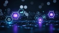 Digital technology network with glowing hexagonal icons displaying data analytics charts and connectivity symbols on dark blue bokeh background.