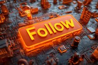 Glowing orange follow button on digital circuit board background with illuminated light bulb icon, representing social media engagement and online following.