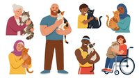 Diverse group of happy pet owners holding and cuddling their beloved cats, showcasing multicultural community bonding with feline companions in colorful flat style.