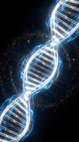 Glowing DNA double helix structure with blue energy effects and golden particles on dark background for genetic research and biotechnology concepts.