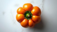 Fresh ripe orange tomato in shape of flower with green stem viewed from above on white marble background, natural organic produce photography.