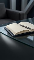 Open notebook with blank pages and pen on glass table in modern office workspace with gray furniture.