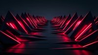 Futuristic tunnel with glowing neon red arrows pointing forward on dark surface, creating symmetrical perspective for sci-fi, technology, and motion graphics design projects.