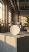 Minimalist white circle on concrete podium in modern industrial loft with warm sunlight streaming through large windows creating geometric shadows.