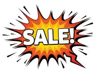 Comic book style sale burst with explosive orange and yellow colors on white background for promotional marketing campaigns.