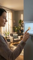 Woman using smart home control panel touchscreen interface in modern living room with natural lighting and plants for energy management automation.