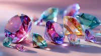 Colorful crystal gemstones in various shapes and sizes scattered on reflective surface with soft pink background. Luxury jewelry elements.