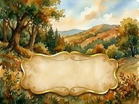 Watercolor autumn landscape with ornate vintage frame, rolling hills, golden trees, and mountain scenery. Isolated design element suitable for invitations, labels, and greeting cards.