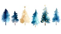 Watercolor winter forest with blue and gold Christmas trees in row, decorative stars on top, festive holiday design element on white background.