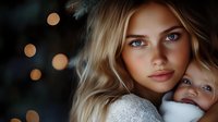Young Caucasian mother with blonde hair and blue eyes holds her baby close in tender moment against dark background with soft bokeh lights creating magical atmosphere.