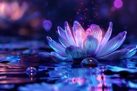Glowing lotus flower in mystical purple and blue hues floating on water surface with magical sparkles and bokeh lights creating dreamy atmosphere.