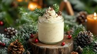 Creamy holiday eggnog in glass jar with whipped cream and rosemary garnish surrounded by festive pine branches, pinecones and cranberries for seasonal celebrations.