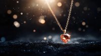 Delicate rose gold heart pendant necklace on dark glittering surface with magical bokeh lights and sparkles creating romantic atmospheric composition.