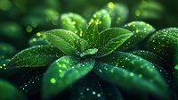 Fresh green leaves with morning dew drops and magical bokeh lights creating natural glowing effect. Macro nature photography showing plant details in dark background.