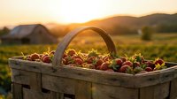 Wooden basket filled with fresh red apples at sunset in rural countryside with mountains and farm buildings creating warm golden hour atmosphere.