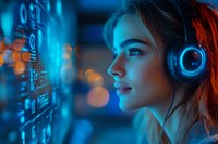 Young woman in headphones looking at digital interface with glowing blue data visualization and binary code in dark futuristic environment.