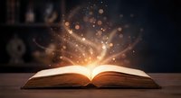 Open book with magical golden light and sparkling particles emerging from pages creating mystical atmosphere for education and fantasy storytelling concepts.