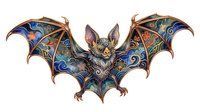 Ornate steampunk bat with intricate mechanical wings and decorative metallic patterns, isolated on white background for design projects.